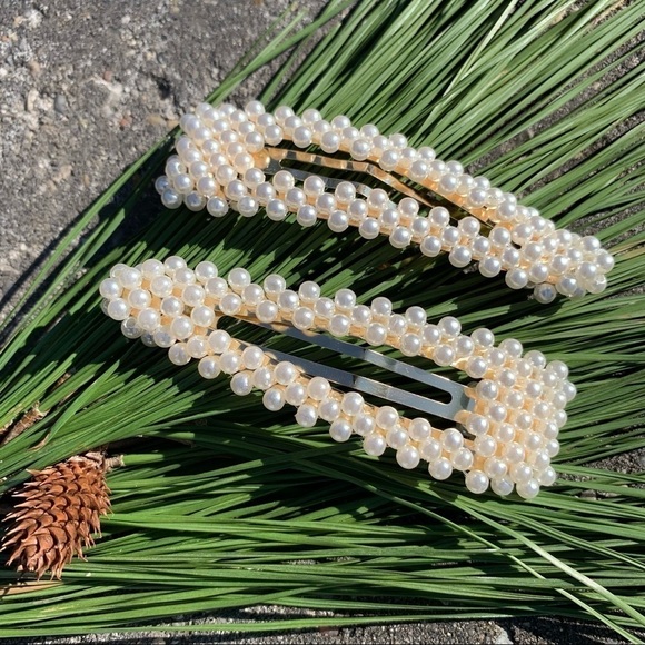 Accessories - Ivory Pearl embellished clip on barrettes, pair glam prom wedding dressy dance